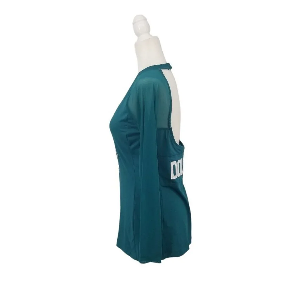 NFL MIAMI DOLPHINS WOMENS TOP LONG SLEEVE BACKLESS SPORTY SEXY CHIC TEAL SIZE L - Picture 3 of 7